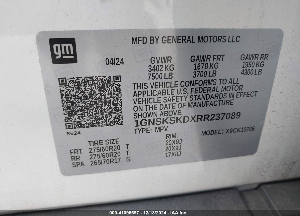 2024 CHEVROLET TAHOE 4WD PREMIER VIN: 1GNSKSKDXRR237089