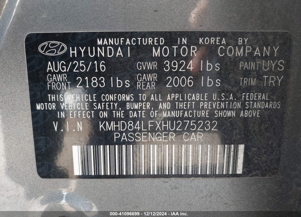 2017 HYUNDAI ELANTRA VIN: KMHD84LFXHU275232