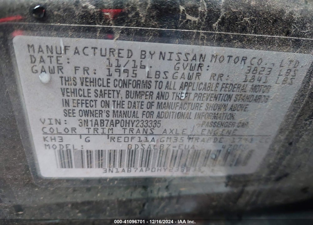 2017 NISSAN SENTRA VIN: 3N1AB7AP0HY233335