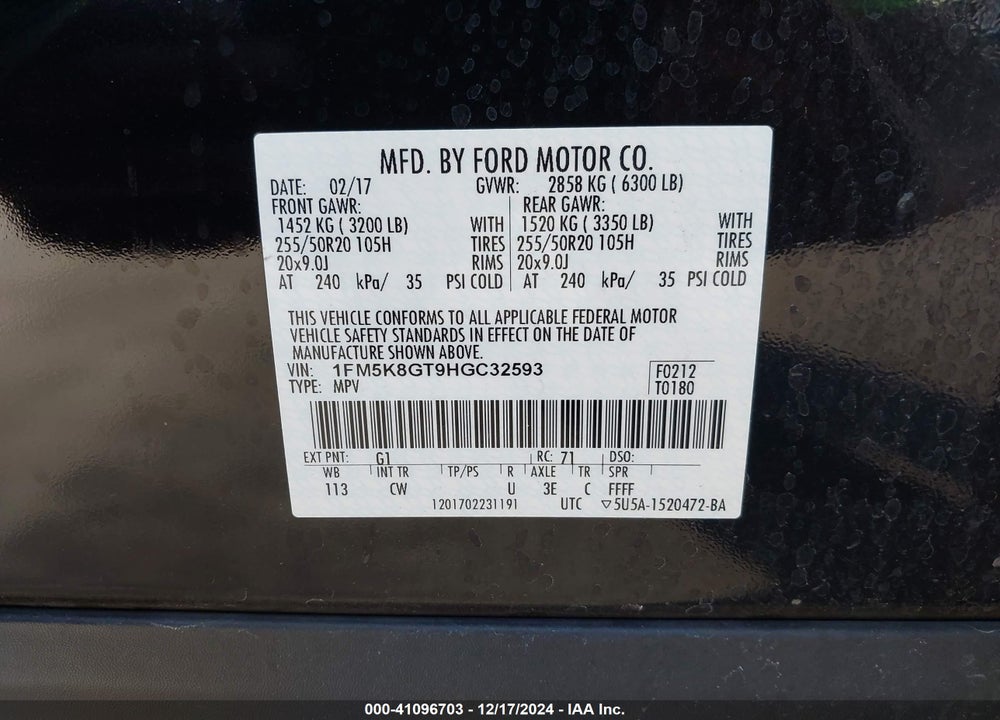 2017 FORD EXPLORER SPORT VIN: 1FM5K8GT9HGC32593