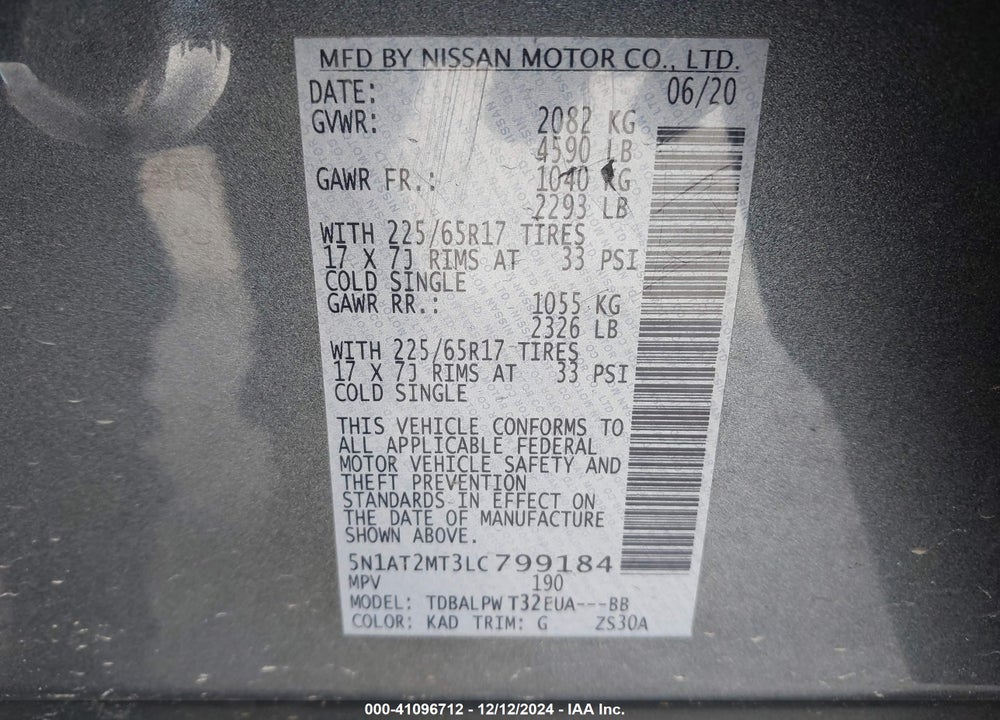 2020 NISSAN ROGUE S FWD VIN: 5N1AT2MT3LC799184