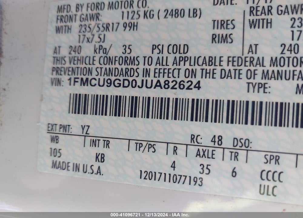 2018 FORD ESCAPE SE VIN: 1FMCU9GD0JUA82624