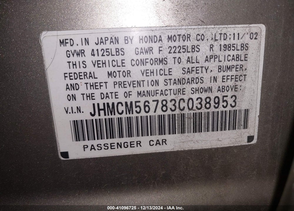 2003 HONDA ACCORD 2.4 EX VIN: JHMCM56783C038953