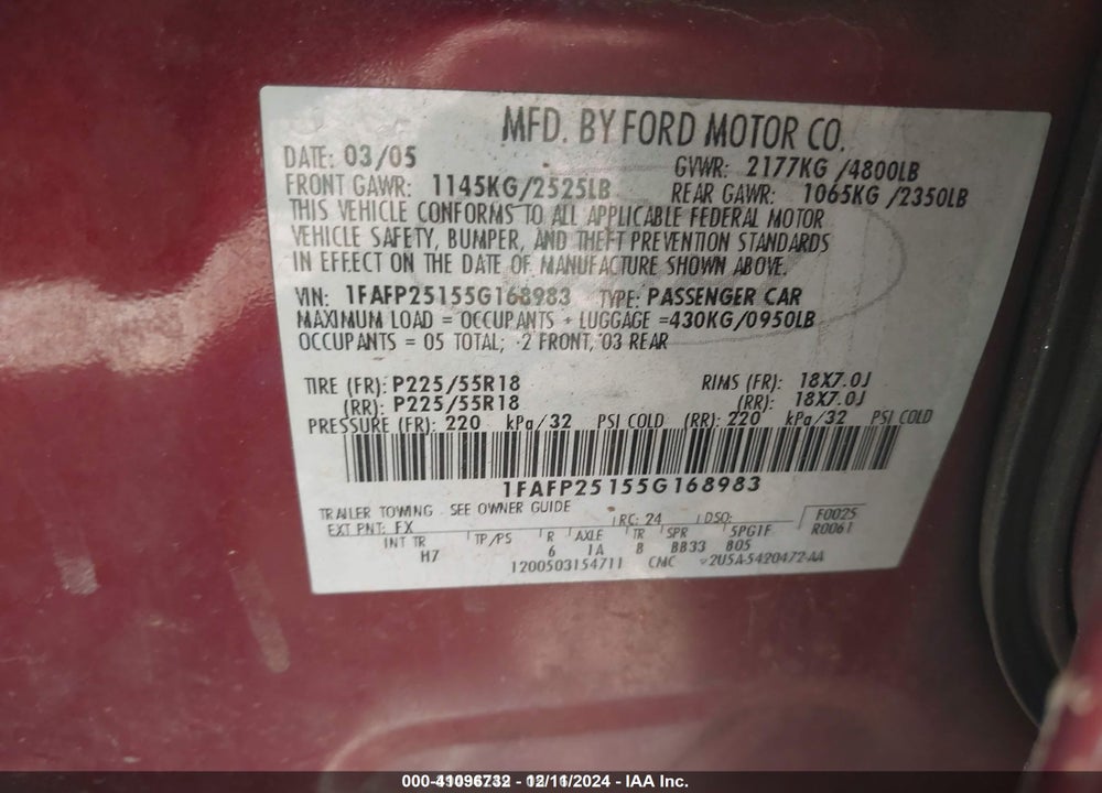 2005 FORD FIVE HUNDRED LIMITED VIN: 1FAFP25155G168983