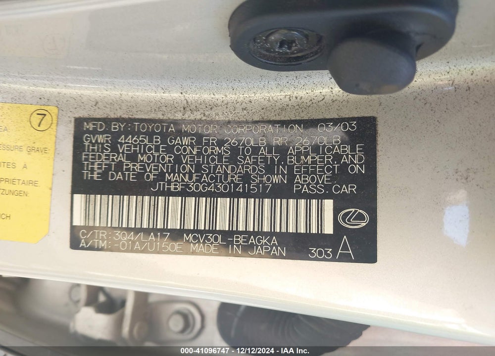 2003 LEXUS ES 300 VIN: JTHBF30G430141517