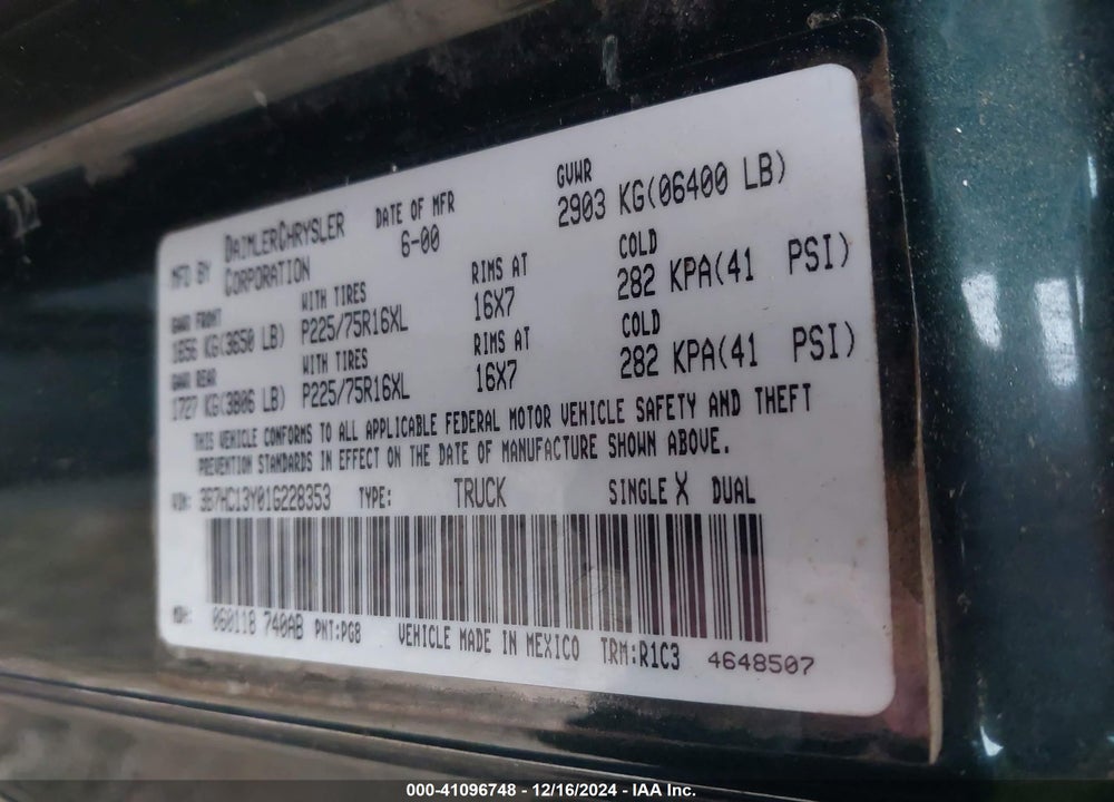 2001 DODGE RAM 1500 ST VIN: 3B7HC13Y01G228353