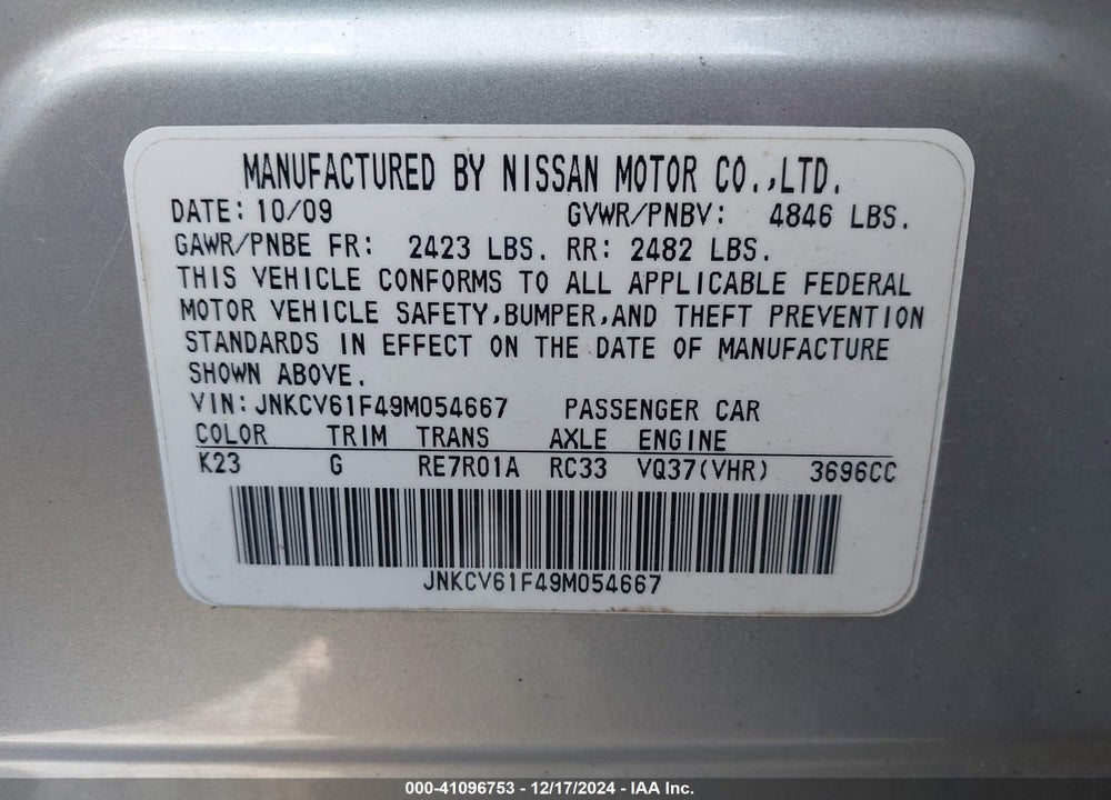 2009 INFINITI G37X VIN: JNKCV61F49M054667