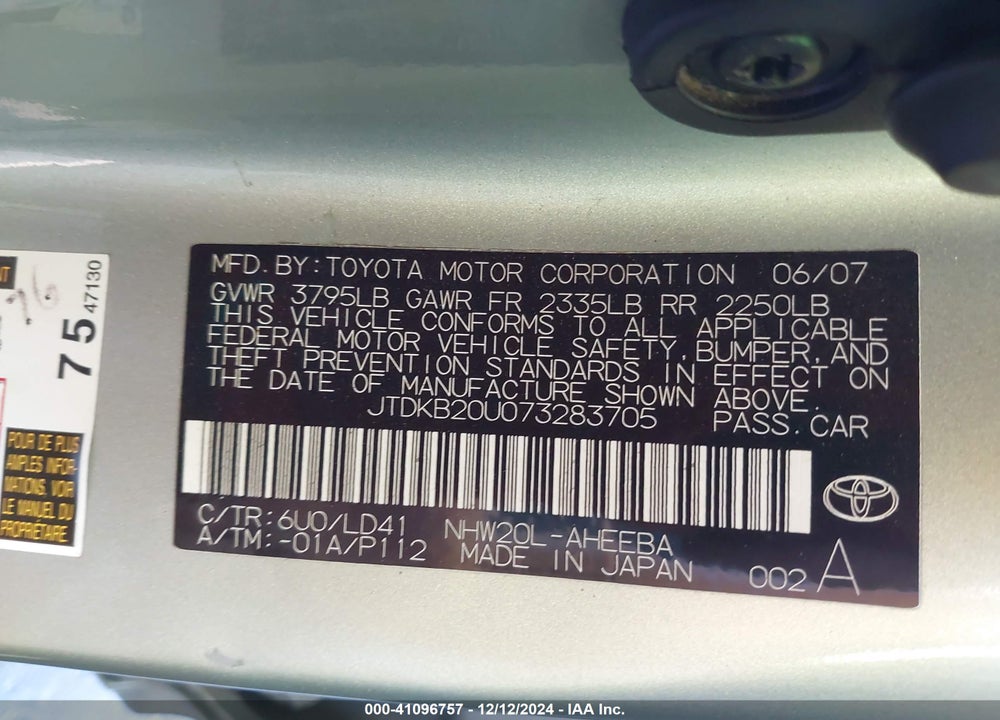 2007 TOYOTA PRIUS VIN: JTDKB20U073283705