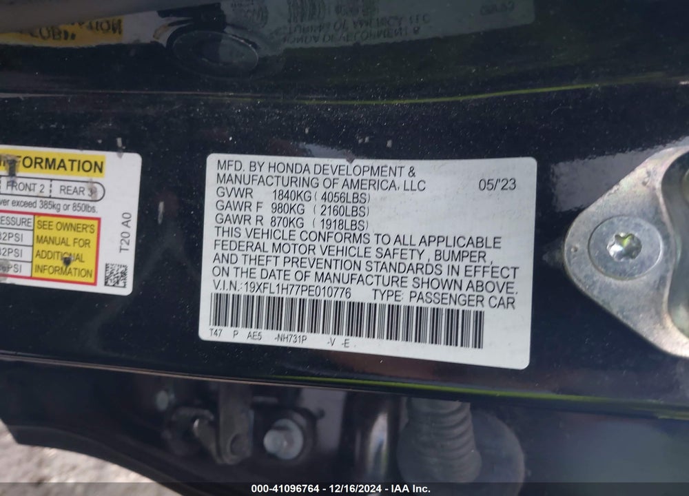 2023 HONDA CIVIC VIN: 19XFL1H77PE010776