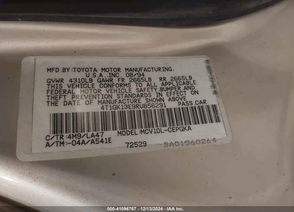 1994 TOYOTA CAMRY XLE VIN: 4T1GK13E9RU856291