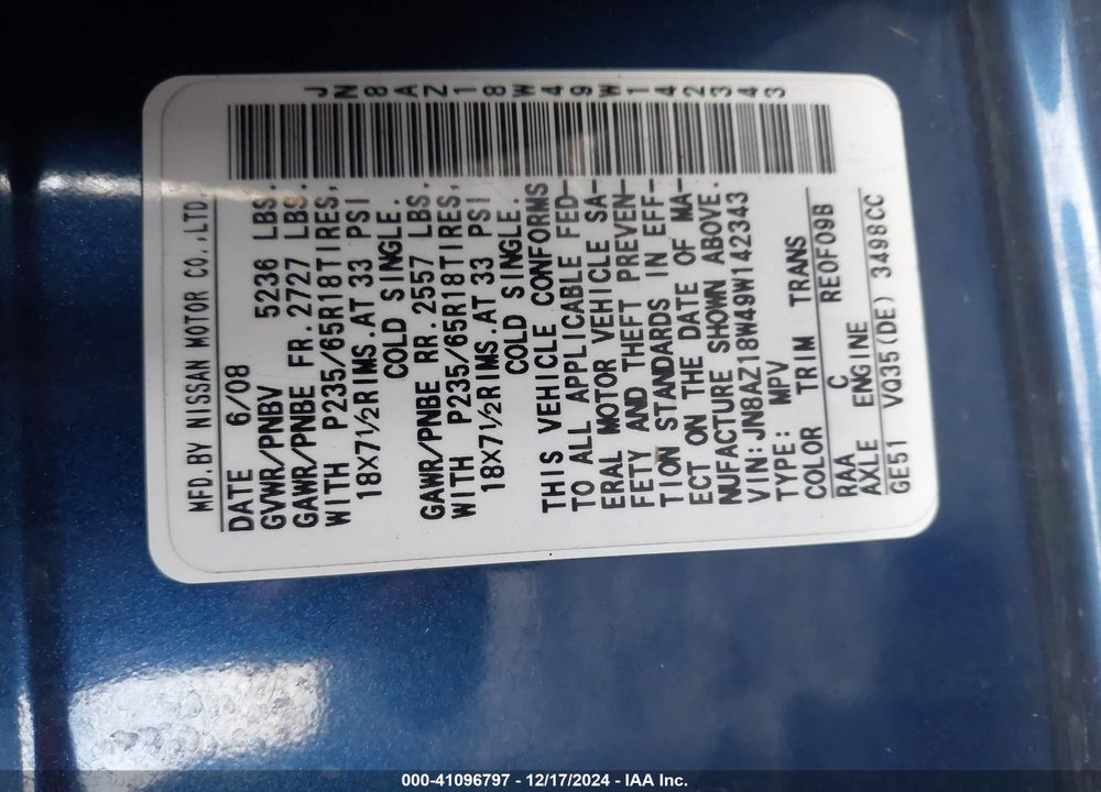 2009 NISSAN MURANO SL VIN: JN8AZ18W49W142343