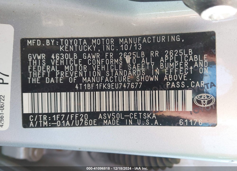 2014 TOYOTA CAMRY SE VIN: 4T1BF1FK9EU747677