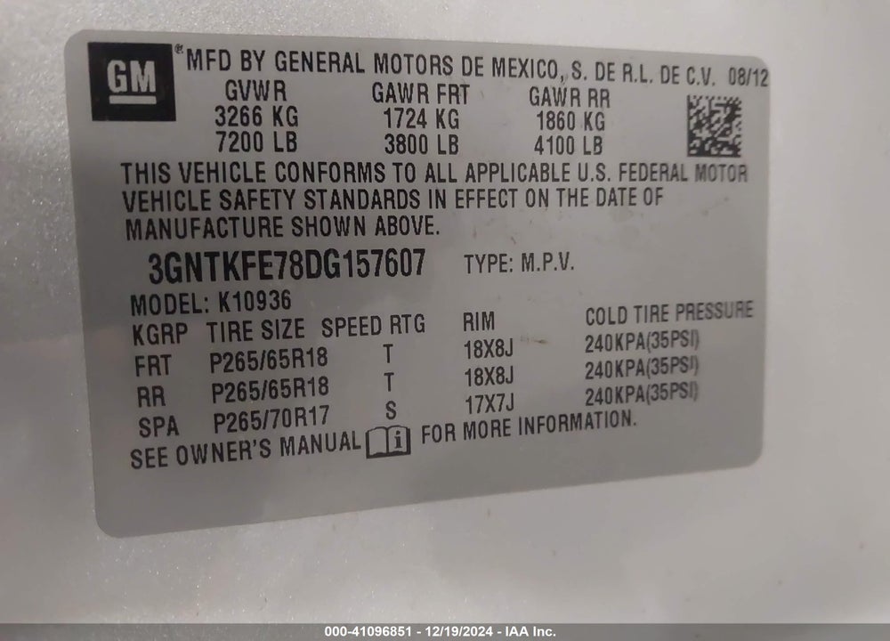 2013 CHEVROLET AVALANCHE VIN: 3GNTKFE78DG157607