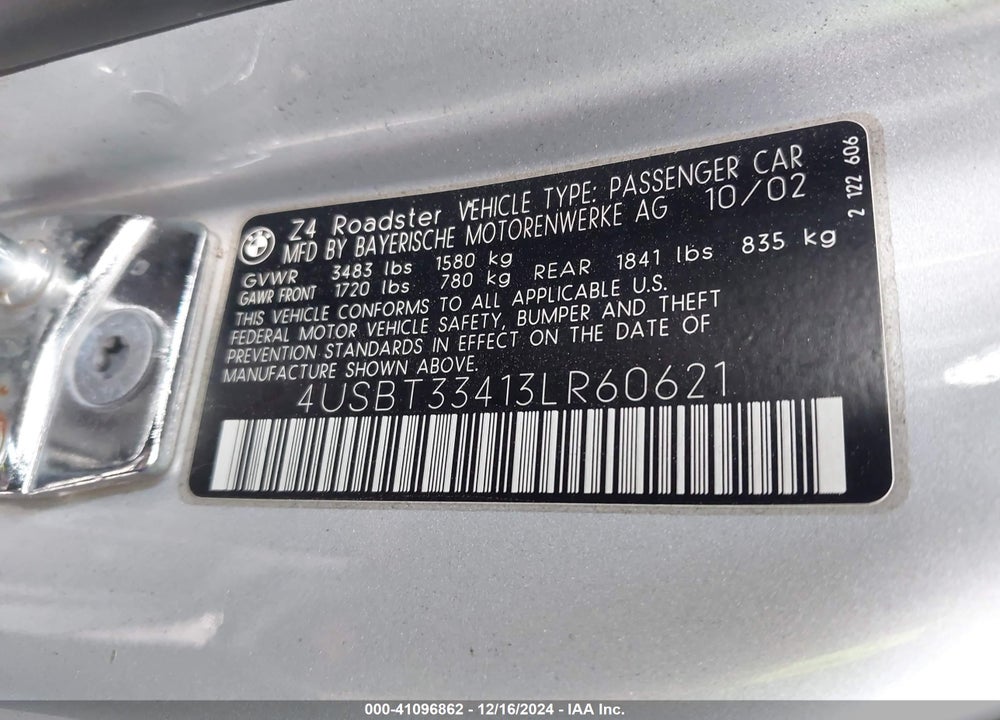 2003 BMW Z4 2.5I VIN: 4USBT33413LR60621