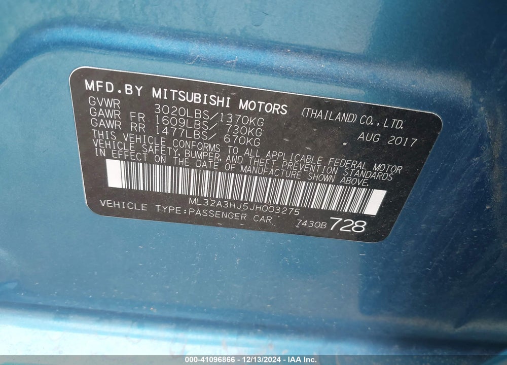 2018 MITSUBISHI MIRAGE VIN: ML32A3HJ5JH003275