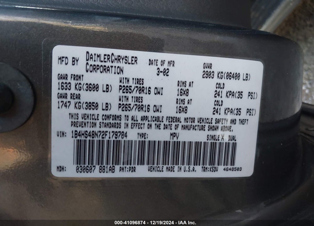 2002 DODGE DURANGO SLT VIN: 1B4HS48N72F179784