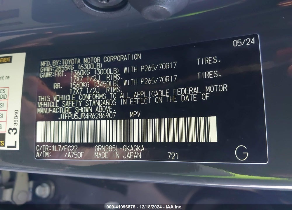 2024 TOYOTA 4RUNNER TRD OFF ROAD VIN: JTEPU5JR4R6286907