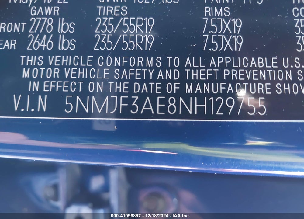 2022 HYUNDAI TUCSON SEL VIN: 5NMJF3AE8NH129755