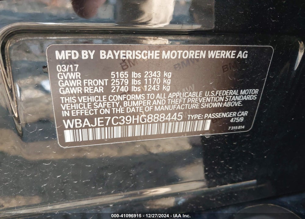 2017 BMW 540I XDRIVE VIN: WBAJE7C39HG888445