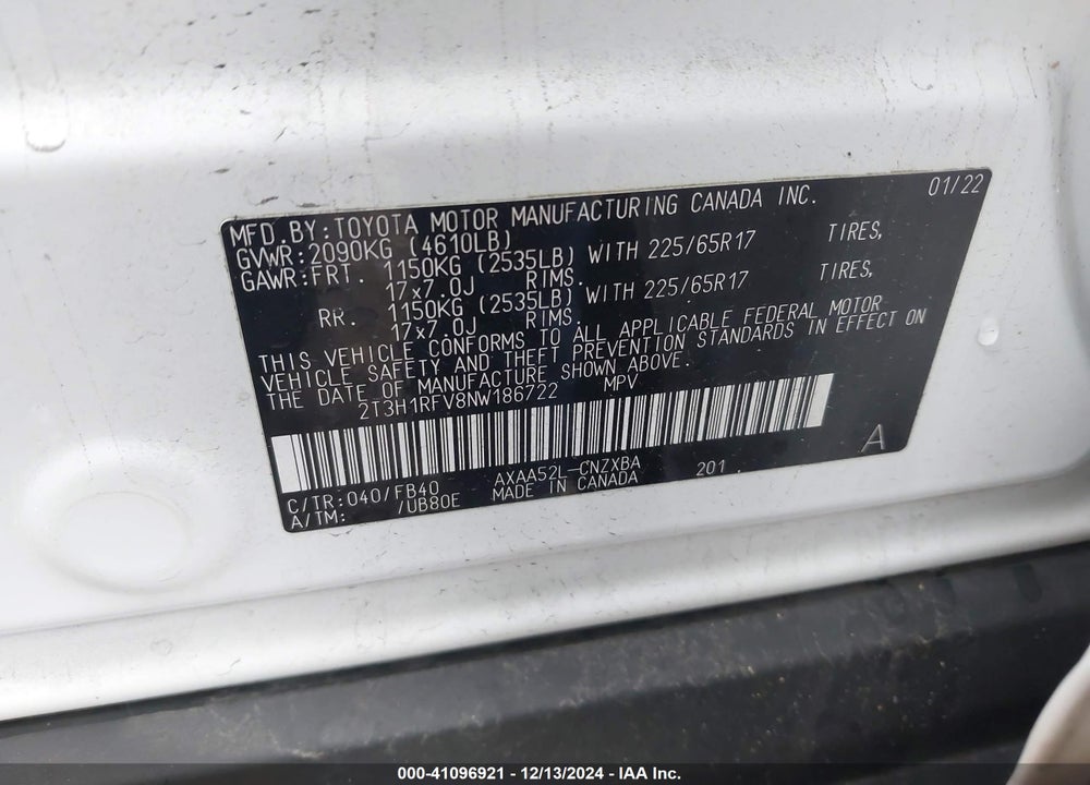2022 TOYOTA RAV4 LE VIN: 2T3H1RFV8NW186722