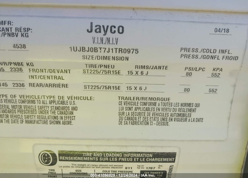 2018 JAYCO JAYFL184BH VIN: 1UJBJ0BT7J1TR0975