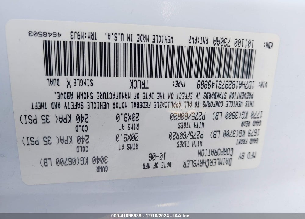2007 DODGE RAM 1500 SLT VIN: 1D7HA18297S149989