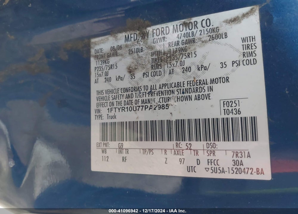 2007 FORD RANGER VIN: 1FTYR10U77PA29854