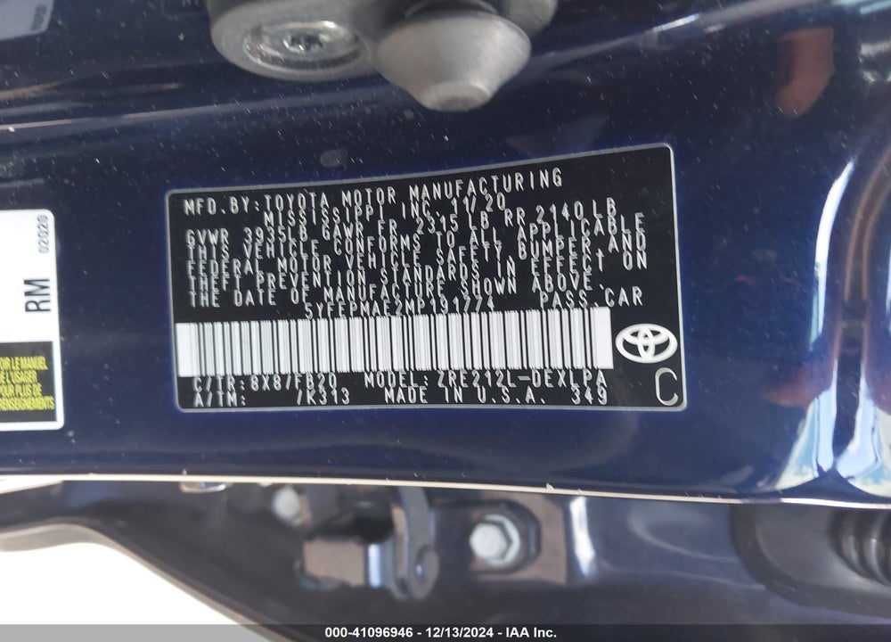 2021 TOYOTA COROLLA LE VIN: 5YFEPMAE2MP191774