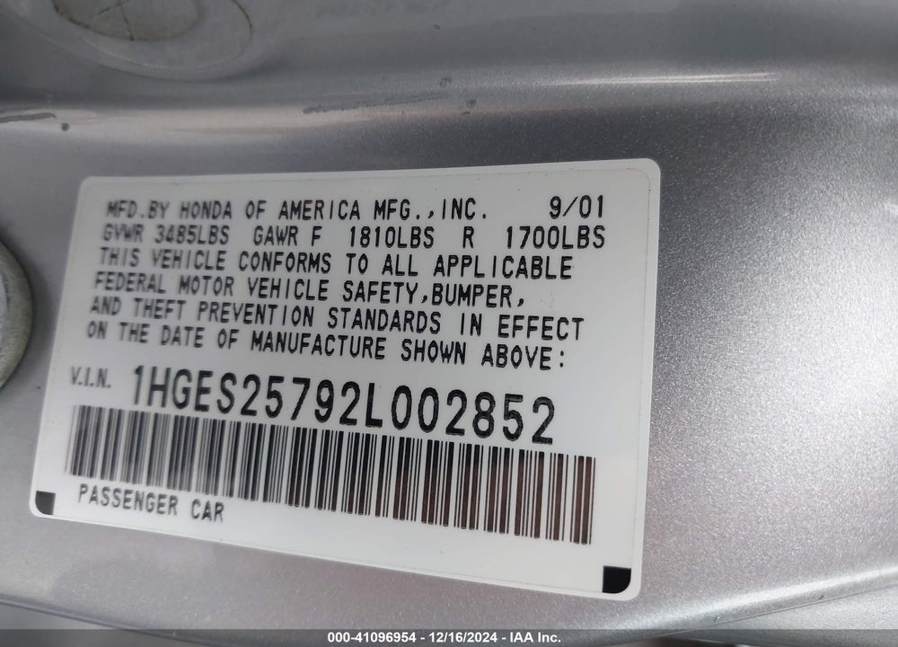 2002 HONDA CIVIC EX VIN: 1HGES25792L002852