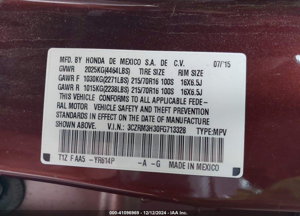 2015 HONDA CR-V VIN: 3CZRM3H30FG713328