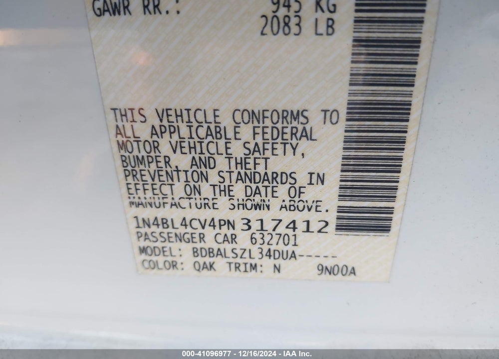 2023 NISSAN ALTIMA SR FWD VIN: 1N4BL4CV4PN317412