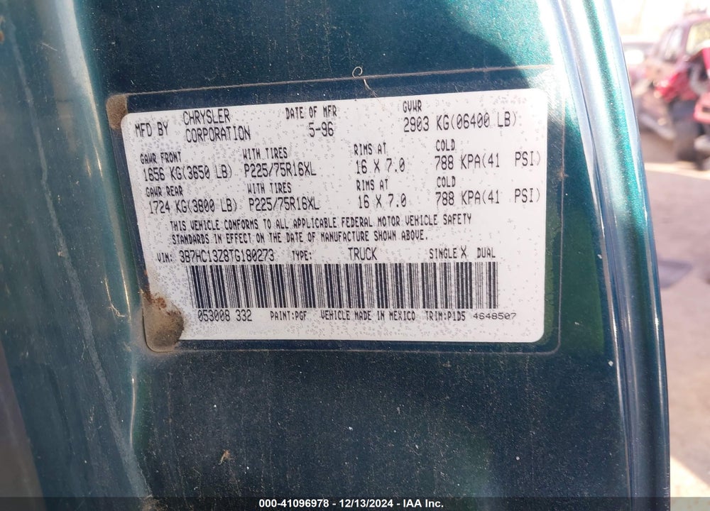 1996 DODGE RAM 1500 VIN: 3B7HC13Z8TG180273