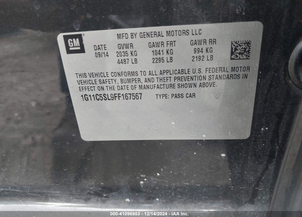 2015 CHEVROLET MALIBU 1LT VIN: 1G11C5SL9FF167567