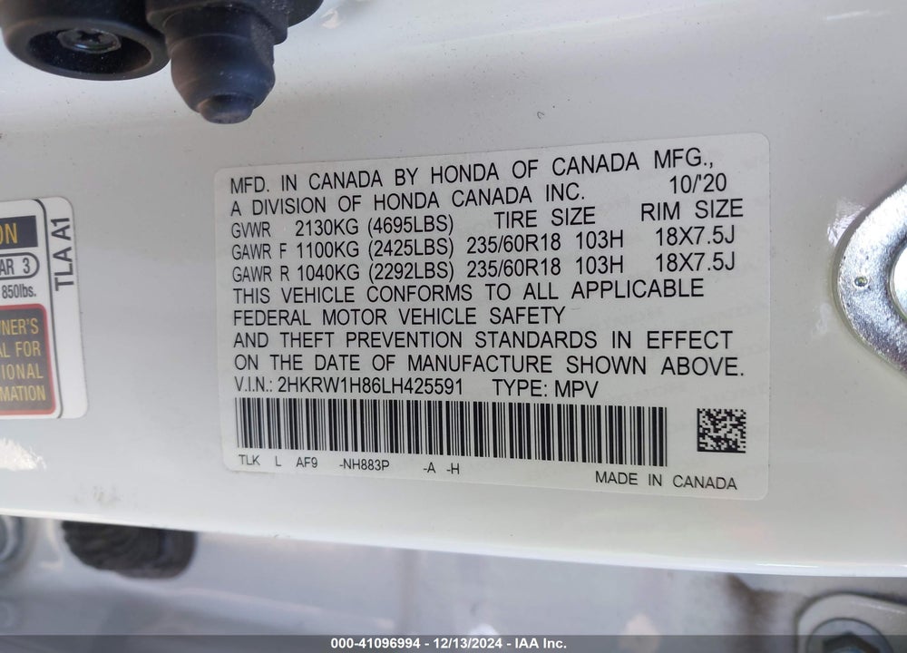 2020 HONDA CR-V 2WD EX-L VIN: 2HKRW1H86LH425591