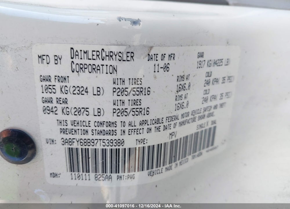 2007 CHRYSLER PT CRUISER LIMITED VIN: 3A8FY68B97T539380