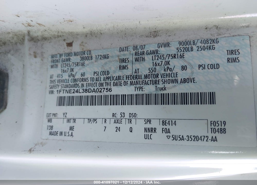 2008 FORD E-250 COMMERCIAL/RECREATIONAL VIN: 1FTNE24L38DA02756