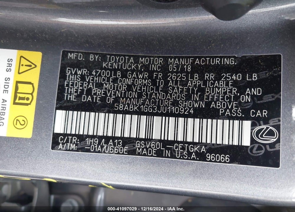 2018 LEXUS ES 350 VIN: 58ABK1GG3JU110924