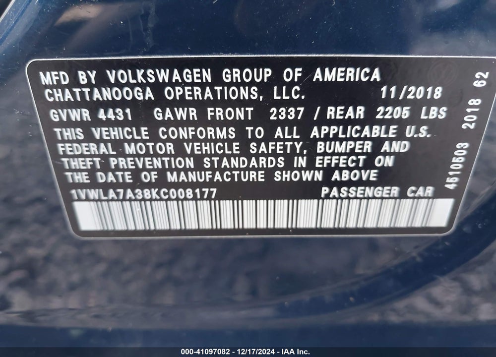 2019 VOLKSWAGEN PASSAT VIN: 1VWLA7A38KC008177