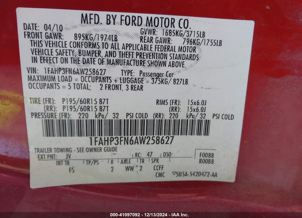 2010 FORD FOCUS SE VIN: 1FAHP3FN6AW258627