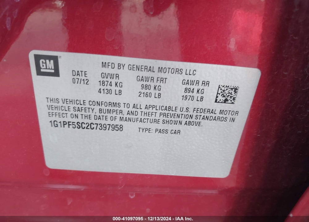 2012 CHEVROLET CRUZE 1LT VIN: 1G1PF5SC2C7397958