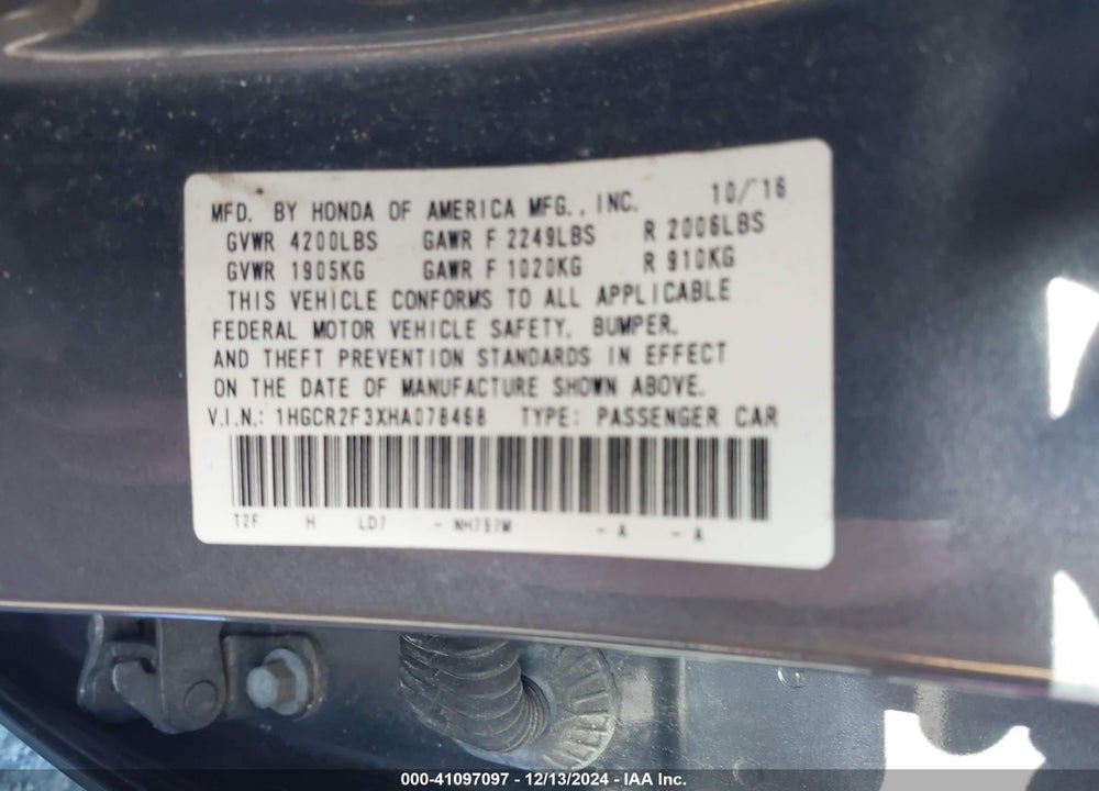 2017 HONDA ACCORD LX VIN: 1HGCR2F3XHA078468