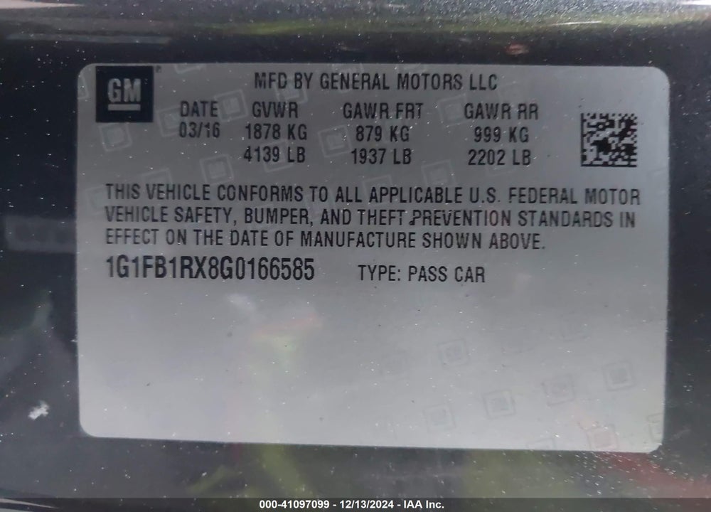 2016 CHEVROLET CAMARO VIN: 1G1FB1RX8G0166585
