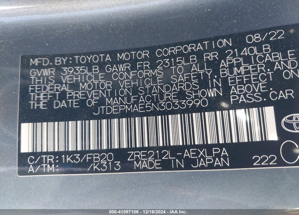 2022 TOYOTA COROLLA LE VIN: JTDEPMAE5N3033990