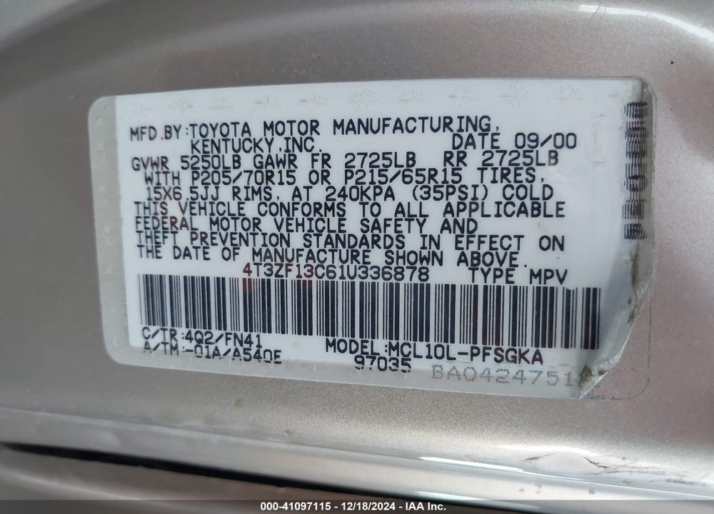 2001 TOYOTA SIENNA LE VIN: 4T3ZF13C61U336878