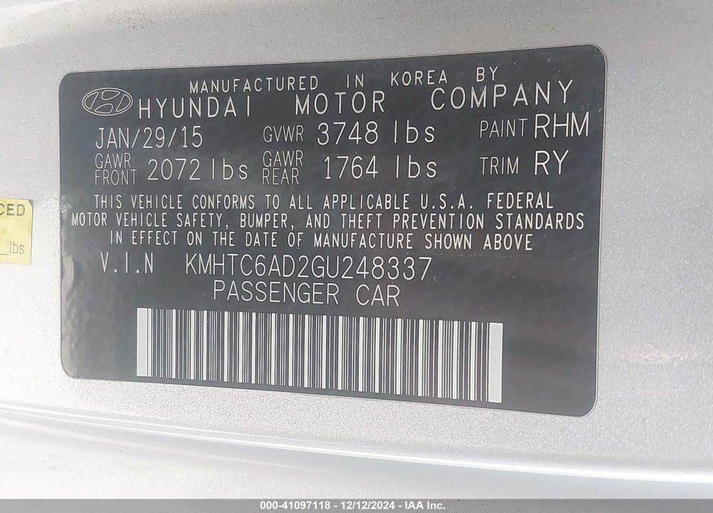 2016 HYUNDAI VELOSTER VIN: KMHTC6AD2GU248337