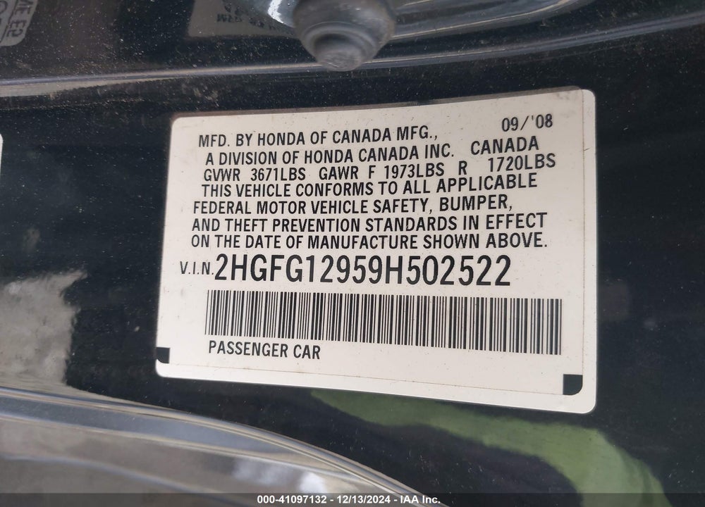 2009 HONDA CIVIC EX-L VIN: 2HGFG12959H502522