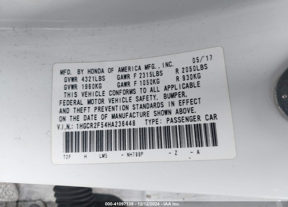 2017 HONDA ACCORD VIN: 1HGCR2F54HA236448
