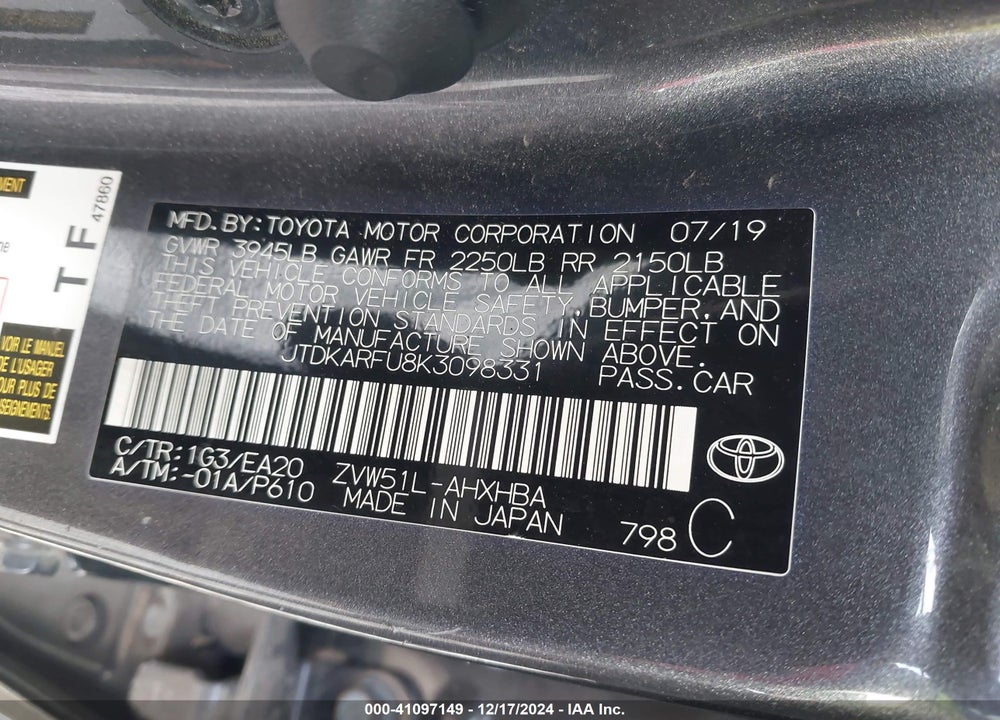 2019 TOYOTA PRIUS XLE VIN: JTDKARFU8K3098331