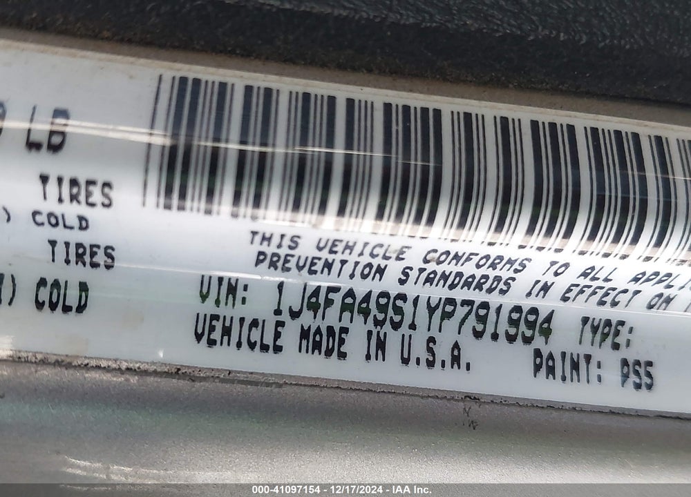 2000 JEEP WRANGLER SPORT VIN: 1J4FA49S1YP791994