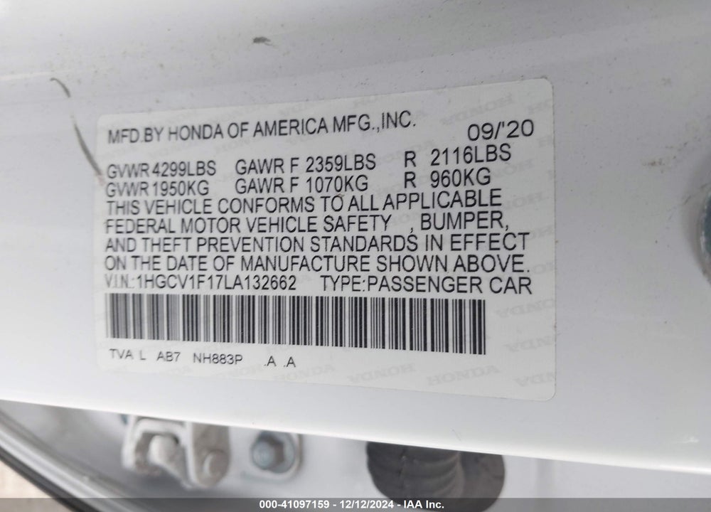 2020 HONDA ACCORD LX VIN: 1HGCV1F17LA132662